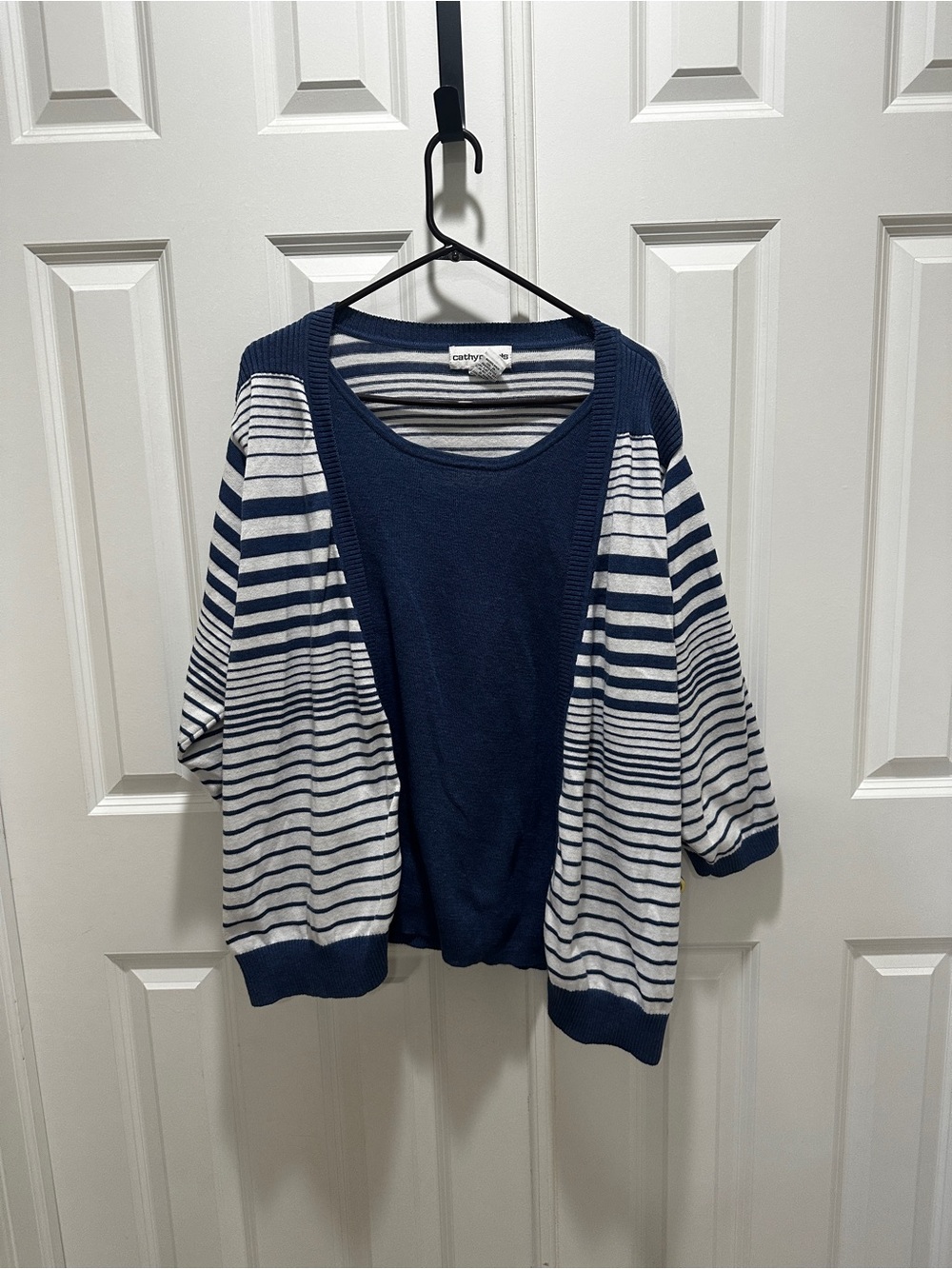 Cathy Daniels Navy and White Striped Open Front Cardigan